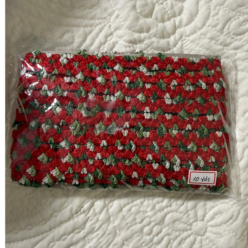 Embroidered Floral Trim 10 Yards Red Green White Rosebud or Cherry Cottagecore
